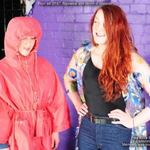 DungeonMasterOne: Morgana and Scarlet in denims, rainwear, and custard!  *free sample pics*