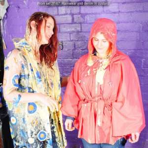 DungeonMasterOne: Morgana and Scarlet in denims, rainwear, and custard!  *free sample pics*