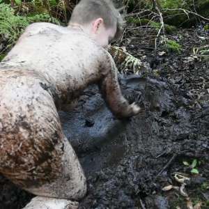 Stella: Stella finds 3 increasingly muddy spots in the woods.
