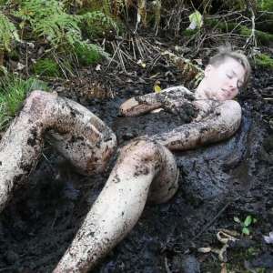 Stella: Stella finds 3 increasingly muddy spots in the woods.