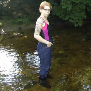 DungeonMasterOne: Alternative girl Kitty in the river in jeans, boots, and swimsuit!