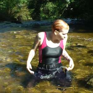 DungeonMasterOne: Alternative girl Kitty in the river in jeans, boots, and swimsuit!