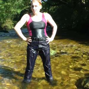 DungeonMasterOne: Alternative girl Kitty in the river in jeans, boots, and swimsuit!