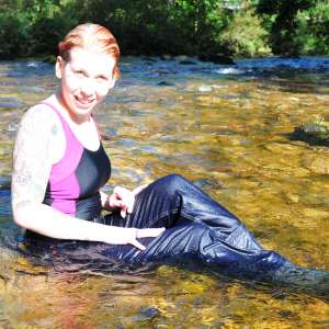 DungeonMasterOne: Alternative girl Kitty in the river in jeans, boots, and swimsuit!
