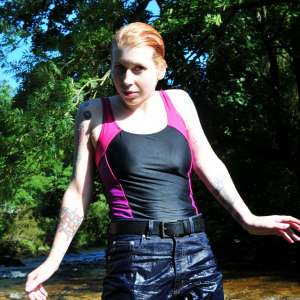 DungeonMasterOne: Alternative girl Kitty in the river in jeans, boots, and swimsuit!