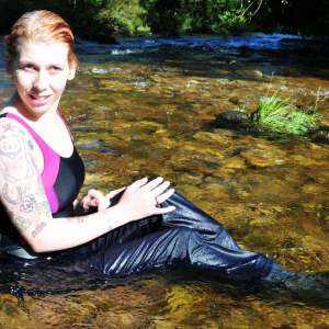 DungeonMasterOne: Alternative girl Kitty in the river in jeans, boots, and swimsuit!