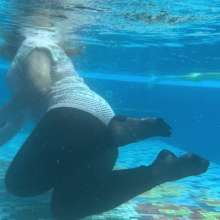 Wet_look_elena: Black Leggings and White Top in Pool