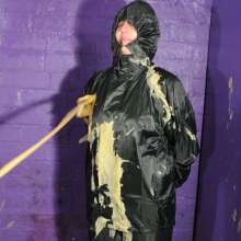 DungeonMasterOne: Green Rainwear Custard!  Cynthia and Elsie very messy in waterproofs!