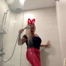 Wet_look_elena: Heels and Red Latex Pants