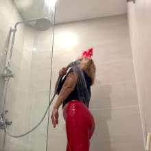 Wet_look_elena: Heels and Red Latex Pants