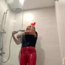 Wet_look_elena: Heels and Red Latex Pants
