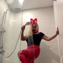 Wet_look_elena: Heels and Red Latex Pants