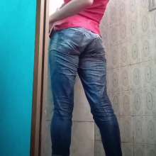 MadelineOasis: Clara Wears Jeans and a Red Silk Top in Shower