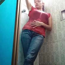 MadelineOasis: Clara Wears Jeans and a Red Silk Top in Shower
