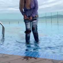 Wet_look_elena: Ripped Jeans and Stockings in the Pool