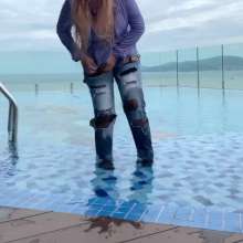 Wet_look_elena: Ripped Jeans and Stockings in the Pool