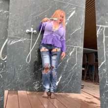 Wet_look_elena: Ripped Jeans and Stockings in the Pool