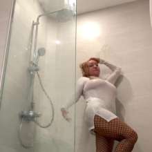 Wet_look_elena: Thin White Dress and Fishnet Tights in the Shower