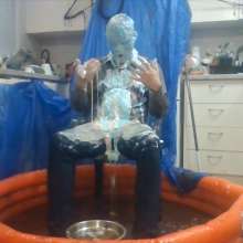 Messy Mark: Mark Pied and Gunged Dark Blue Jeans and Shirt