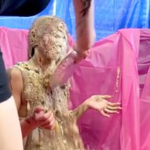 Slimed Models: Scarlett Gets Two huge Sloppy Slimings and a Pie in the Face