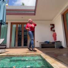 Wet_look_elena: Blue Jeans Stockings and Red Top in Pool No Bra