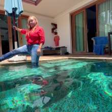 Wet_look_elena: Blue Jeans Stockings and Red Top in Pool No Bra