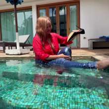Wet_look_elena: Blue Jeans Stockings and Red Top in Pool No Bra