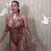 Anglefan: Busty babe Megan gets pied in red lingerie!