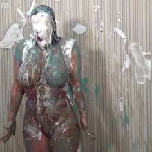Anglefan: Busty babe Megan gets pied in red lingerie!