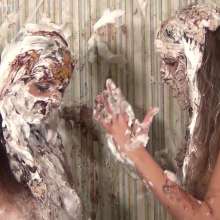 Anglefan: Two fetish models pie each other in the nude!