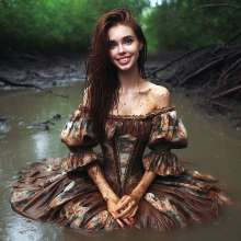 Wetmaxiskirts: Glamour AI Wetlook: wet+muddy elegant Victorian gowns (Bing Image Creator)