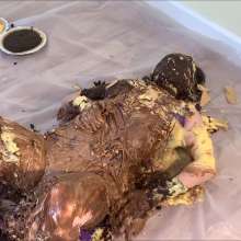 RevSlymsford: Allison Lies Down + Takes 20 Thrown Pies In Purple Dress
