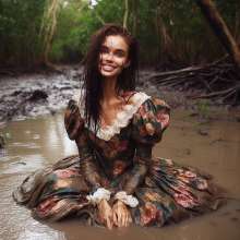 Wetmaxiskirts: Glamour AI Wetlook: wet+muddy elegant Victorian gowns (Bing Image Creator)