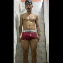 WETColours: Mike in the Shower in a Blue Shirt and Brown Pants