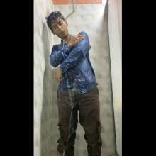 WETColours: Mike in the Shower in a Blue Shirt and Brown Pants