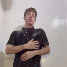 WETColours: Shower in Red Polo Shirt and Black Pants with Mega Shampoo