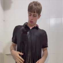 WETColours: Shower in Red Polo Shirt and Black Pants with Mega Shampoo