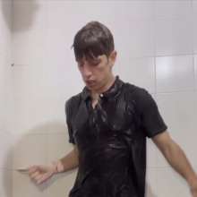 WETColours: Shower in Red Polo Shirt and Black Pants with Mega Shampoo