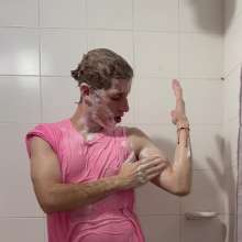 WETColours: Super Wet in the Shower in Pink T-shirt with Mega Shampoo