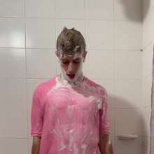 WETColours: Super Wet in the Shower in Pink T-shirt with Mega Shampoo