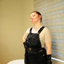 DungeonMasterOne: Cynthia wears her denim overalls in the bath and shower