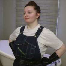 DungeonMasterOne: Cynthia wears her denim overalls in the bath and shower