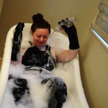 DungeonMasterOne: Cynthia wears her denim overalls in the bath and shower