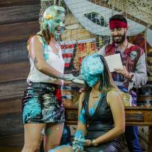 walking the plank: New- Redhead lawyer and brunette architect taking several pies in the face