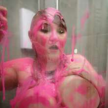 PennyBanks: Penny covered in paint and pink slime in lingerie and topless!