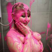 PennyBanks: Penny covered in paint and pink slime in lingerie and topless!