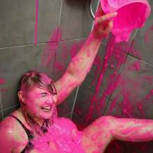 PennyBanks: Penny covered in paint and pink slime in lingerie and topless!