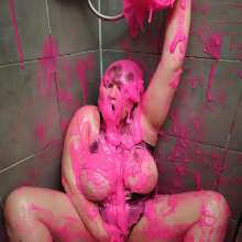 PennyBanks: Penny covered in paint and pink slime in lingerie and topless!