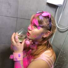 PennyBanks: Penny covered in paint and pink slime in lingerie and topless!