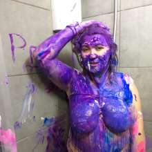 PennyBanks: Penny covered in paint and pink slime in lingerie and topless!
